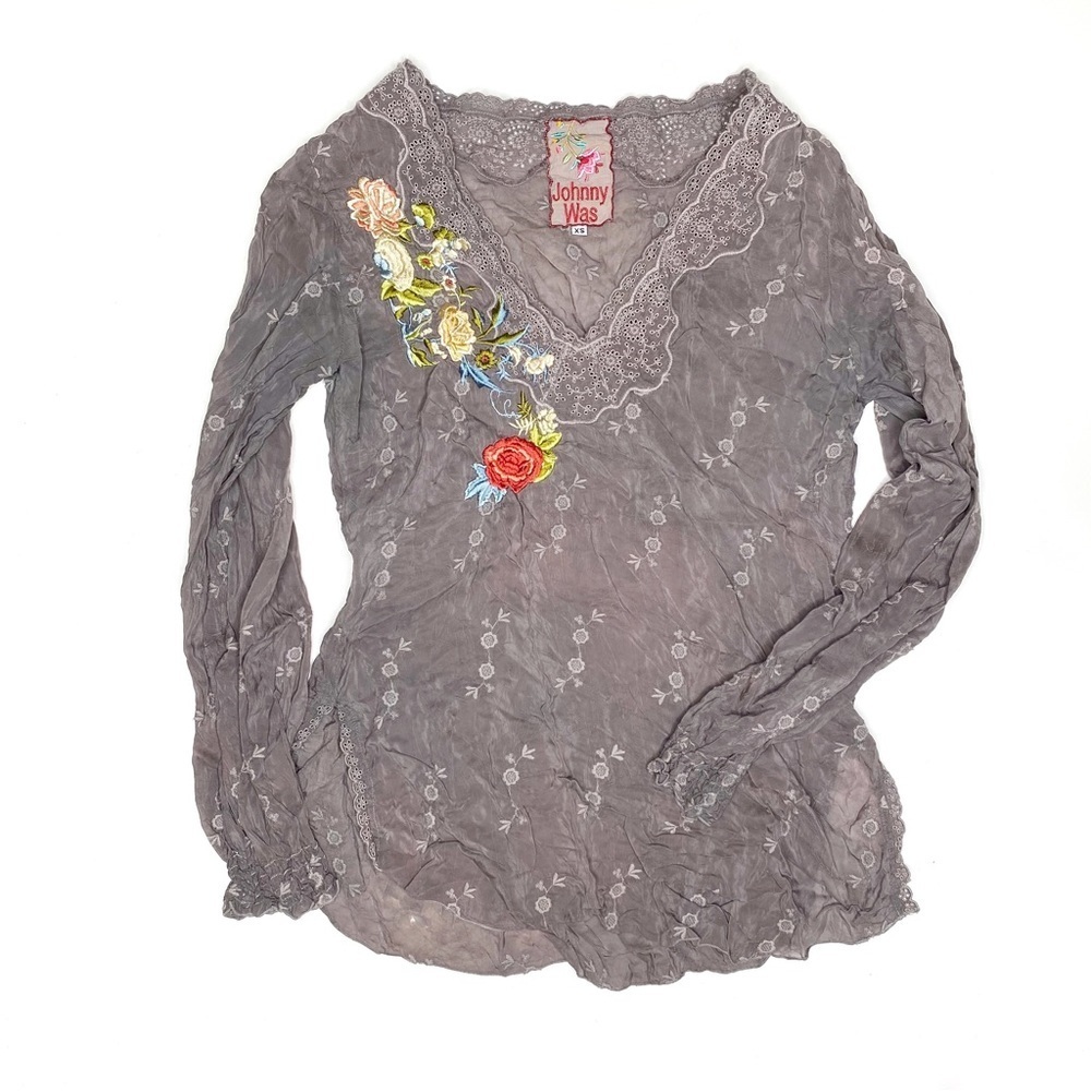 Johnny Was Embroidered Boho Blouse Gray XS Silk Lace V Neck Floral Top